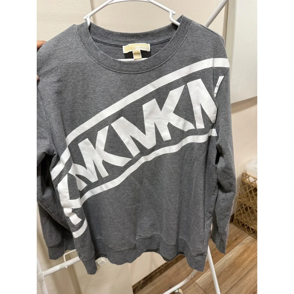 Michael Kors Womens Heather Gray Graphic Logo Crew Neck Sweatshirt Size L